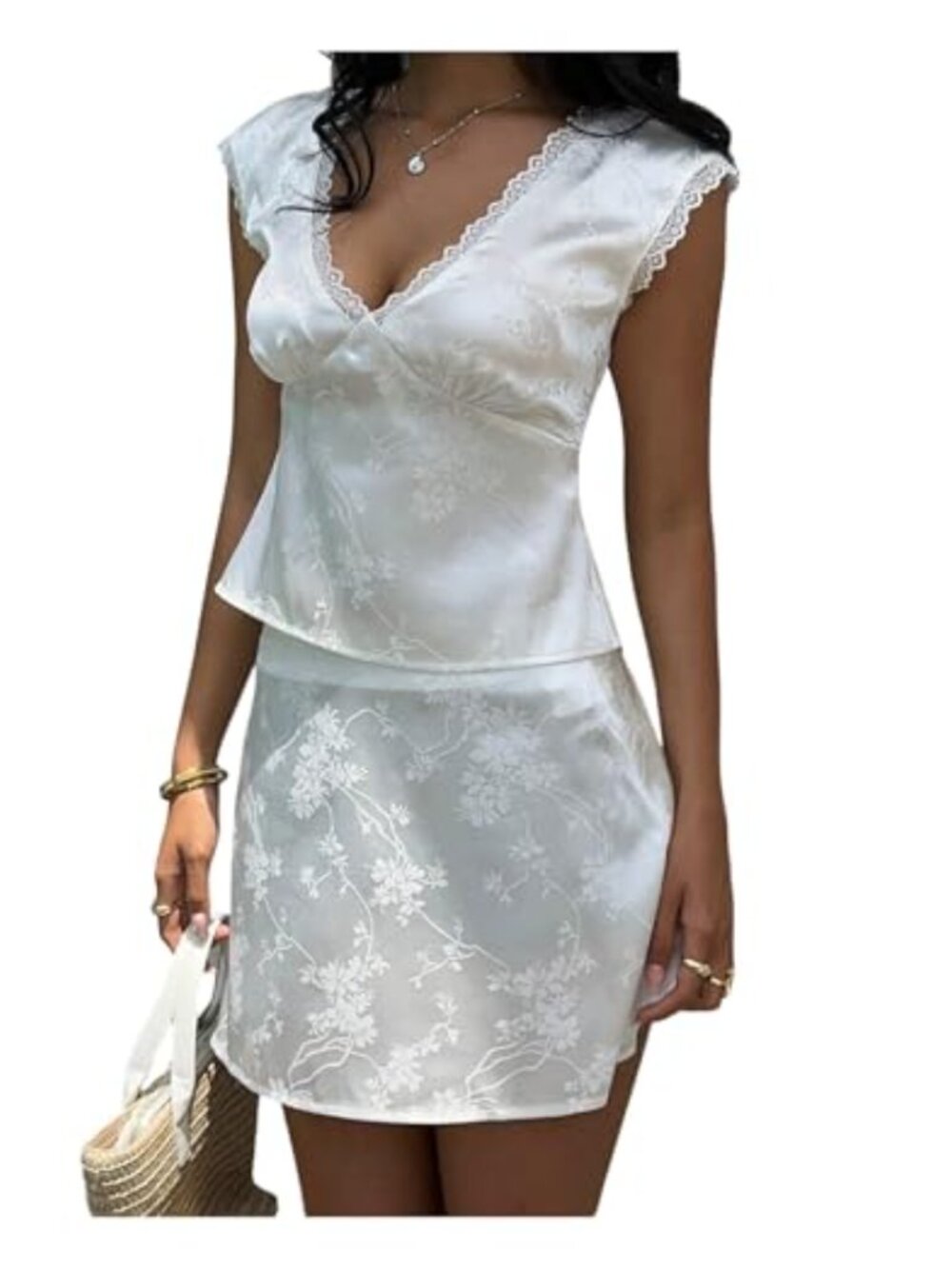 Women's 2 Piece Satin Floral Lace Crop Tank Top and Mini Skirt Set